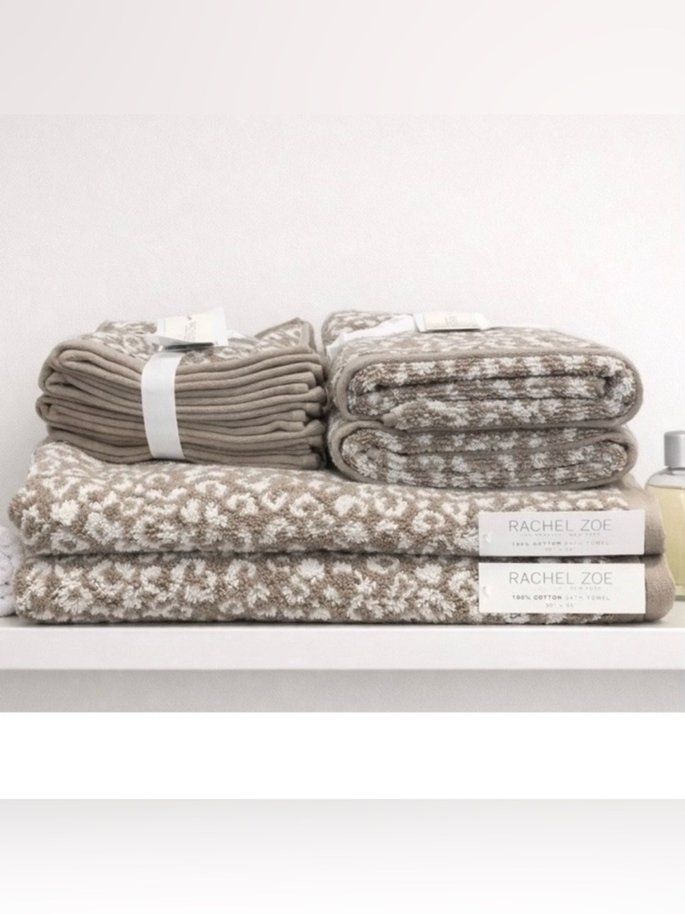 Rachel Zoe 8-Piece Towel Set Light Beige & Ivory Leopard Print 100% Cotton NWT